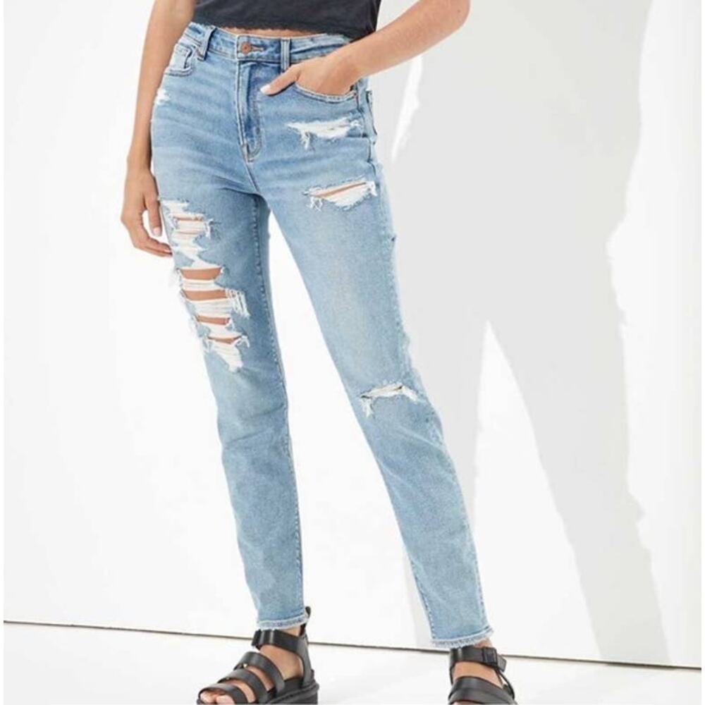 American Eagle Stretch Ripped Mom Jean High Rise Blue Path